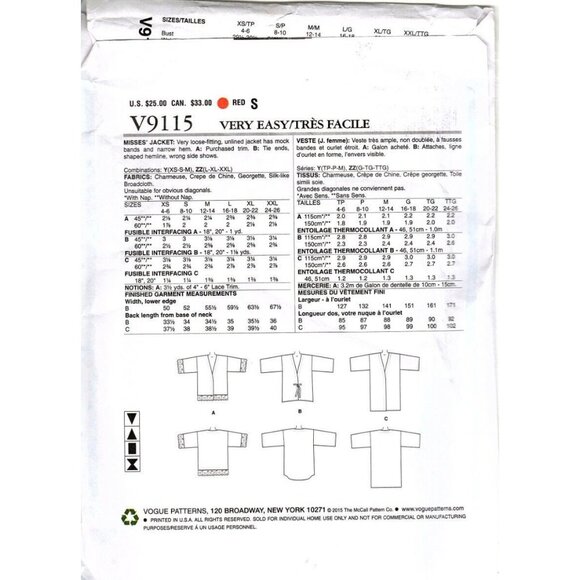 Very Easy Vogue V9115 Misses XS to M Unlined Jackets Uncut Sewing Pattern - Picture 2 of 2